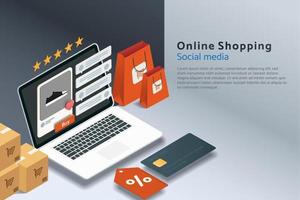 compras en línea a través de una computadora portátil con una tienda en línea en las redes sociales vector