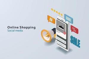 Online shopping via smartphone with online store in social medi vector