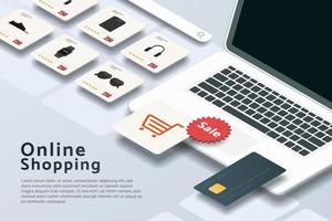 Online shopping via laptop, credit card, icon shopping cart and shopping product vector