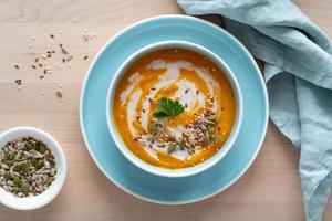 sopa de calabaza con leche de coco y semillas en tazón azul, vista superior, espacio para copiar foto