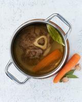 Paleo bone broth diet, beef meat soup. Low-carb food, keto recipe. photo