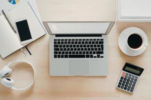 Work from home, online learning. Wooden desk, table. Top view. Distance education. Nobody photo