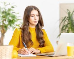 bonita mujer hermosa con cabello largo rubio trabajando en una laptop sentada en casa. compras en línea, freelance de oficina alternativa, economía de conciertos, nómada digital foto