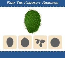 Find the correct shadows of cartoon soursops. Searching and Matching game. Educational game for pre shool years kids and toddlers vector