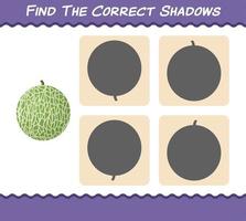 encuentra las sombras correctas de los melones de dibujos animados. juego de búsqueda y emparejamiento. juego educativo para niños y niños pequeños en edad preescolar vector