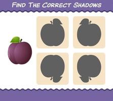 Find the correct shadows of cartoon plums. Searching and Matching game. Educational game for pre shool years kids and toddlers vector