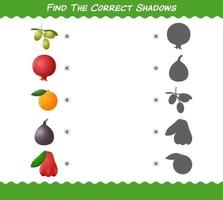 encuentra las sombras correctas de las frutas de dibujos animados. juego de búsqueda y combinación. juego educativo para niños de edad preescolar y niños pequeños vector