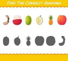 encuentra las sombras correctas de las frutas de dibujos animados. juego de búsqueda y combinación. juego educativo para niños de edad preescolar y niños pequeños vector