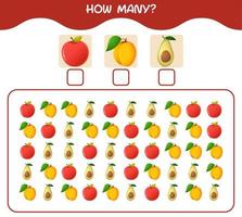 How many cartoon fruits. Counting game. Educational game for pre shool years kids and toddlers vector