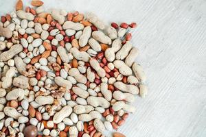 Assorted nuts for a background Almond, walnut,cashew, pistachios, hazelnuts, peanuts, Macadamia Collection of different varieties of nuts. Composition with dried fruits Healthy food. Organic. photo