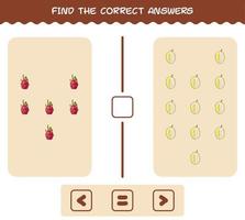 encuentra las sombras correctas de las frutas de dibujos animados. juego de búsqueda y combinación. juego educativo para niños de edad preescolar y niños pequeños vector