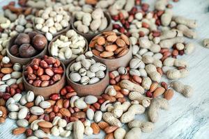 Assorted nuts for a background Almond, walnut,cashew, pistachios, hazelnuts, peanuts, Macadamia Collection of different varieties of nuts. Composition with dried fruits Healthy food. Organic. photo