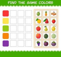 encontrar los mismos colores de las frutas. juego de búsqueda y combinación. juego educativo para niños y niños pequeños en edad preescolar vector