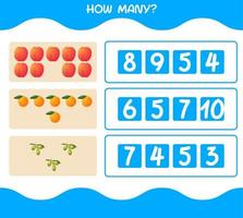 How many cartoon fruits. Counting game. Educational game for pre shool years kids and toddlers vector