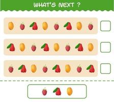 What's comes next educational game of cartoon fruits. Find the regularity and continue the row task. Educational game for pre shool years kids and toddlers vector