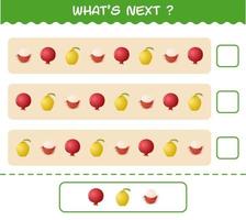 What's comes next educational game of cartoon fruits. Find the regularity and continue the row task. Educational game for pre shool years kids and toddlers vector