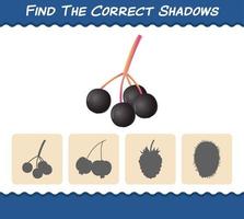 encuentra las sombras correctas de las bayas de saúco de dibujos animados. juego de búsqueda y combinación. juego educativo para niños y niños pequeños en edad preescolar vector