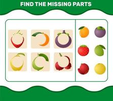 Find the missing parts of cartoon fruits. Searching game. Educational game for pre shool years kids and toddlers vector