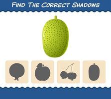 Find the correct shadows of cartoon jackfruits. Educational game for pre shool years kids and toddlers. vector
