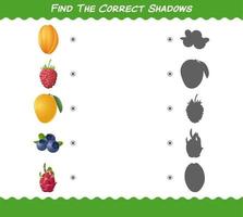 encuentra las sombras correctas de las frutas de dibujos animados. juego de búsqueda y combinación. juego educativo para niños de edad preescolar y niños pequeños vector