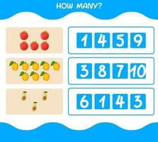 How many cartoon fruits. Counting game. Educational game for pre shool years kids and toddlers vector