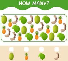 How many cartoon fruits. Counting game. Educational game for pre shool years kids and toddlers vector