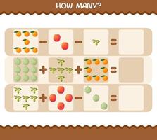 How many cartoon fruits. Counting game. Educational game for pre shool years kids and toddlers vector