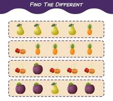 Encuentra las diferencias entre las frutas de dibujos animados. juego de búsqueda juego educativo para niños y niños pequeños en edad preescolar vector