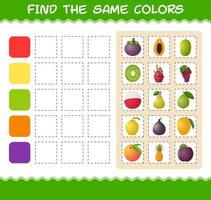 encontrar los mismos colores de las frutas. juego de búsqueda y combinación. juego educativo para niños y niños pequeños en edad preescolar vector