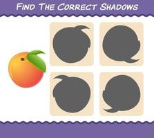 Find the correct shadows of cartoon peachs. Searching and Matching game. Educational game for pre shool years kids and toddlers vector