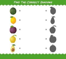 Find the correct shadows of cartoon fruits. Searching and Matching game. Educational game for pre shool years kids and toddlers vector