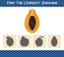 Find the correct shadows of cartoon papayas. Searching and Matching game. Educational game for pre shool years kids and toddlers vector