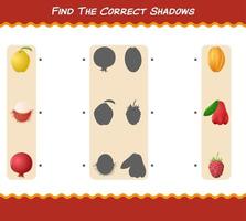 encuentra las sombras correctas de las frutas de dibujos animados. juego de búsqueda y combinación. juego educativo para niños de edad preescolar y niños pequeños vector