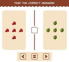 encuentra las sombras correctas de las frutas de dibujos animados. juego de búsqueda y combinación. juego educativo para niños de edad preescolar y niños pequeños vector