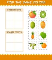 encontrar los mismos colores de las frutas. juego de búsqueda y combinación. juego educativo para niños y niños pequeños en edad preescolar vector