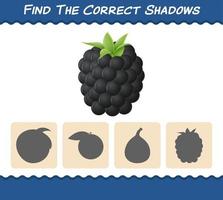 encuentra las sombras correctas de las moras de dibujos animados. juego de búsqueda y emparejamiento. juego educativo para niños y niños pequeños en edad preescolar vector