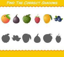 encuentra las sombras correctas de las frutas de dibujos animados. juego de búsqueda y combinación. juego educativo para niños de edad preescolar y niños pequeños vector