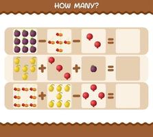 How many cartoon fruits. Counting game. Educational game for pre shool years kids and toddlers vector