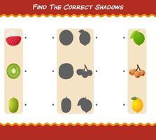 Find the correct shadows of cartoon fruits. Searching and Matching game. Educational game for pre shool years kids and toddlers vector