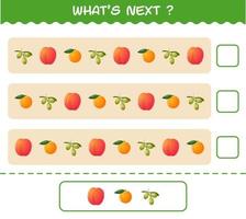 What's comes next educational game of cartoon fruits. Find the regularity and continue the row task. Educational game for pre shool years kids and toddlers vector