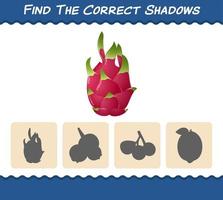 encuentra las sombras correctas de las frutas del dragón de dibujos animados. juego de búsqueda y emparejamiento. juego educativo para niños y niños pequeños en edad preescolar vector