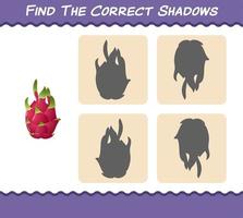 encuentra las sombras correctas de las frutas del dragón de dibujos animados. juego de búsqueda y combinación. juego educativo para niños y niños pequeños en edad preescolar vector