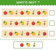 What's comes next educational game of cartoon fruits. Find the regularity and continue the row task. Educational game for pre shool years kids and toddlers vector