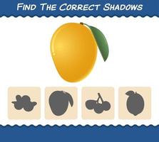 Find the correct shadows of cartoon mangos. Searching and Matching game. Educational game for pre shool years kids and toddlers vector