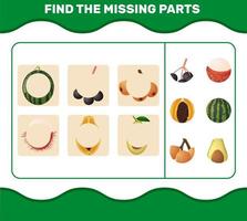 Find the missing parts of cartoon fruits. Searching game. Educational game for pre shool years kids and toddlers vector