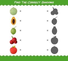 encuentra las sombras correctas de las frutas de dibujos animados. juego de búsqueda y combinación. juego educativo para niños de edad preescolar y niños pequeños vector