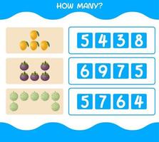 How many cartoon fruits. Counting game. Educational game for pre shool years kids and toddlers vector