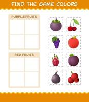 encontrar los mismos colores de las frutas. juego de búsqueda y combinación. juego educativo para niños y niños pequeños en edad preescolar vector