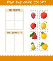 encontrar los mismos colores de las frutas. juego de búsqueda y combinación. juego educativo para niños y niños pequeños en edad preescolar vector