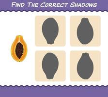 Find the correct shadows of cartoon papayas. Searching and Matching game. Educational game for pre shool years kids and toddlers vector